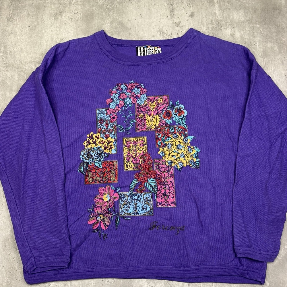 Vintage 80s Forenza Floral Graphic Crewneck Purple OSFA Fits XL Boxy Made In USA